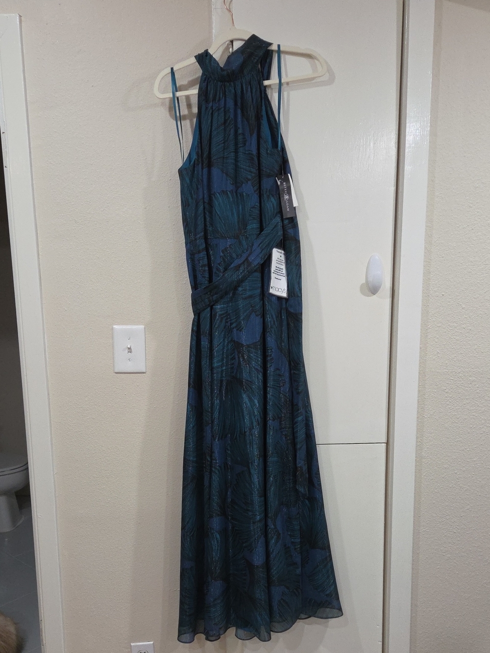 Betsy Adams Georgeous Halter Maxi Dress in Teal Leaf Print